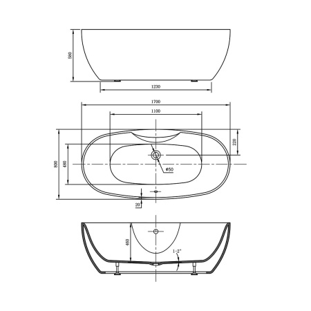 Ванна акриловая Vincea VBT-405B-1700, 1700*800*580, цвет белый, щелевой перелив