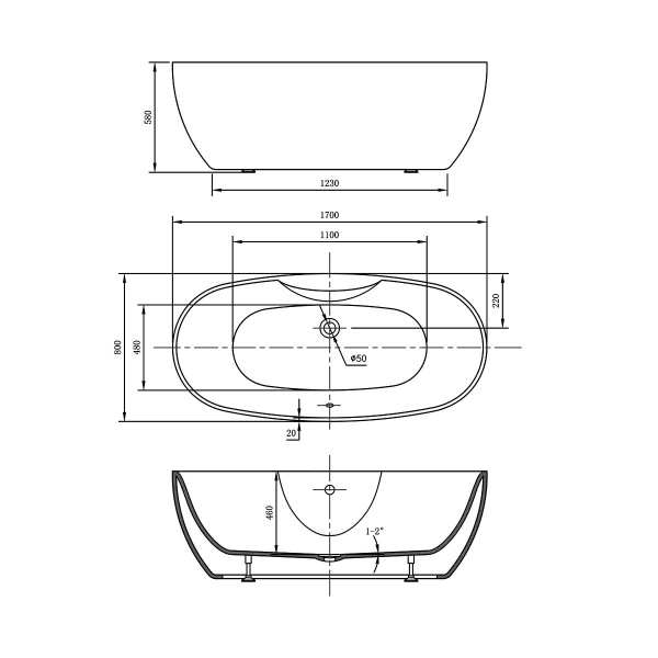 Ванна акриловая Vincea VBT-405B-1700, 1700*800*580, цвет белый, щелевой перелив