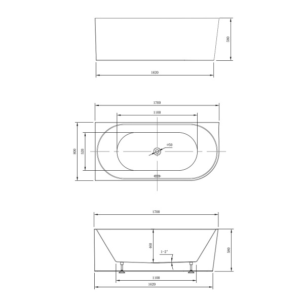 Ванна акриловая Vincea VBT-402-1700L, 1700*800*580, цвет белый, левая, слив-перелив в комплекте