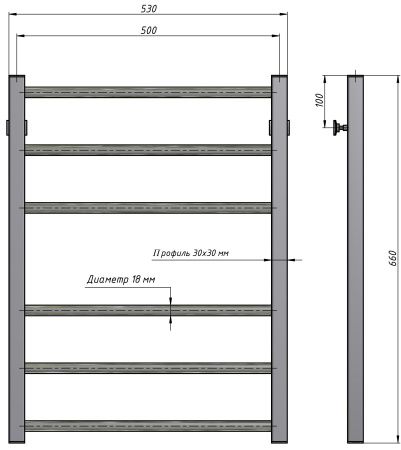 Полотенцесушитель водяной Stinox Classic 500x700, нижнее подключение, черный матовый, 1/2" ВР (внутренняя резьба), 6 перекладин