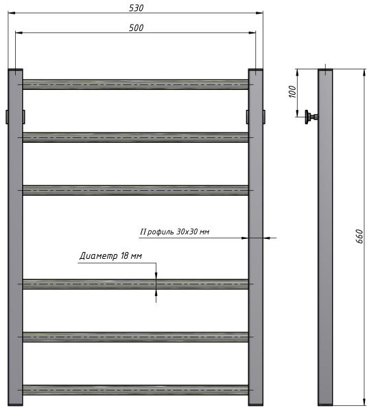 Полотенцесушитель водяной Stinox Classic 500x700, нижнее подключение, черный матовый, 1/2" ВР (внутренняя резьба), 6 перекладин