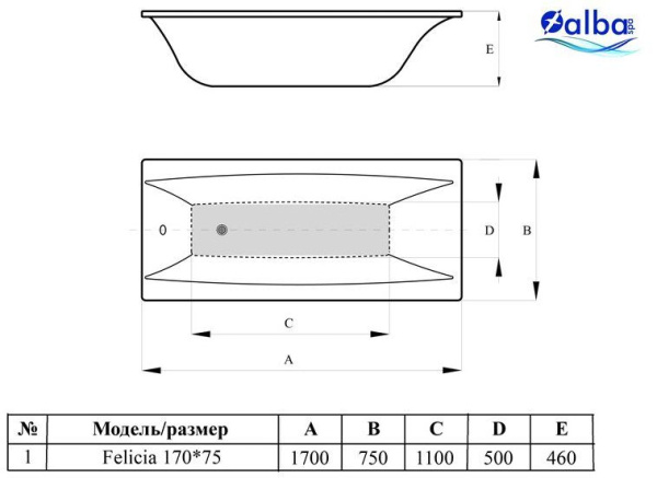 Акриловая ванна Alba Spa Felicia 170х75