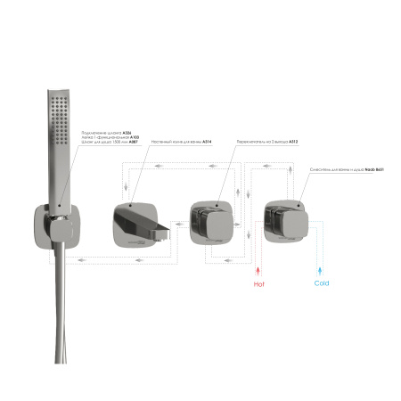 Встраиваемый комплект для ванны WasserKRAFT с лейкой и изливом A8651.312.314.326.087.103