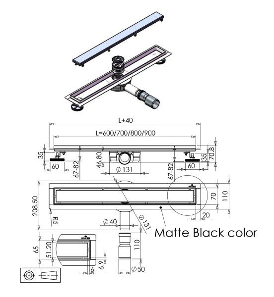 Душевой трап Roxen Supra black 91050-60 600x70x70