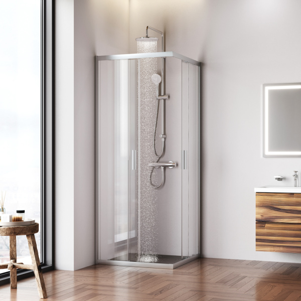 W90G-403-8080-MT Gem Душевое ограждение AM.PM квадратн.,раздвиж.двери 80x80 хром мат.,стекло прозрачное