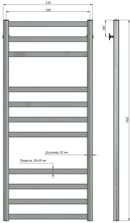 Полотенцесушитель водяной Stinox Maxima Luxe 500x1200, нижнее подключение, хром, 1/2" ВР (внутренняя резьба), 12 перекладин