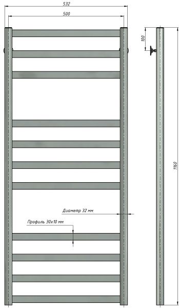 Полотенцесушитель водяной Stinox Maxima Luxe 500x1200, нижнее подключение, хром, 1/2" ВР (внутренняя резьба), 12 перекладин