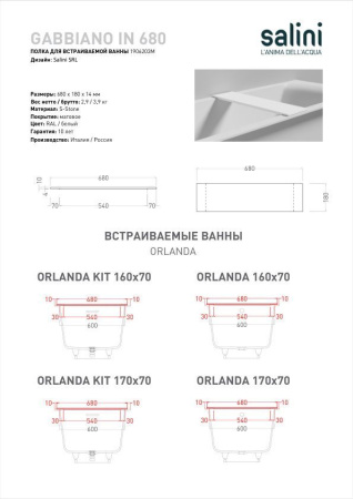 Полка для встраиваемой ванны Salini GABBIANO IN 680, белый, 1906203M