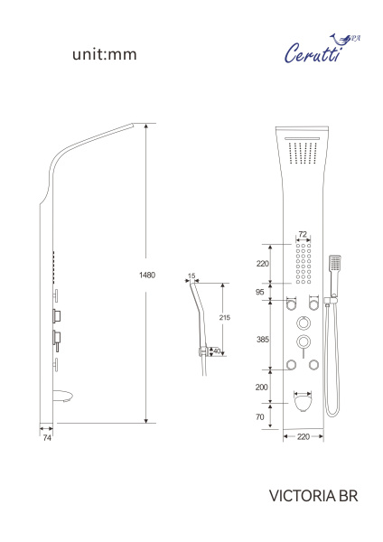 Панель VICTORIA BR душевая из нержавеющей стали с форсунками Ceruttispa CT9980, цвет матовая нержавеющая сталь