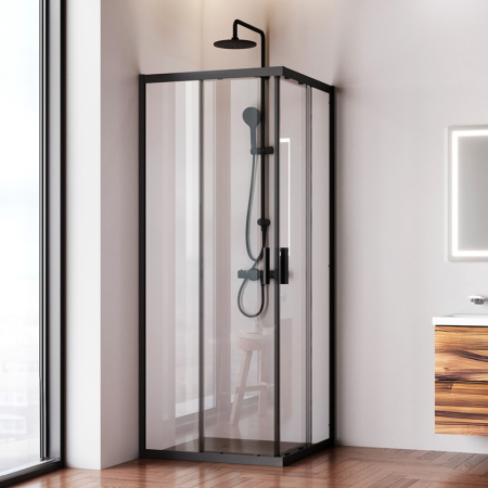 W90G-403-8080-BT Gem Душевое ограждение AM.PM квадратн.,раздвиж.двери 80x80 черный мат.,стекло прозрачное