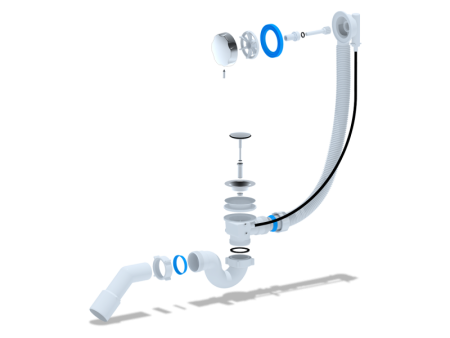 Сифон прямоточный для ванны Ани Пласт EM311 полуавтомат, перелив 580 мм, ручка управления переливом нержавеющая сталь