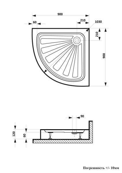 Поддон R90 Ceruttispa полукруглый (90х90х12)