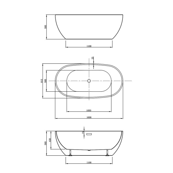 Ванна акриловая Vincea VBT-408-1600 1600*815*580, цвет белый, щелевой перелив