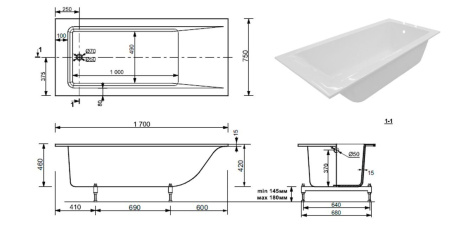 Ванна из литьевого мрамора Taliente Egoista Stretto EG2317075-1Stretto 170х75 пристенная прямоугольная тонкий борт