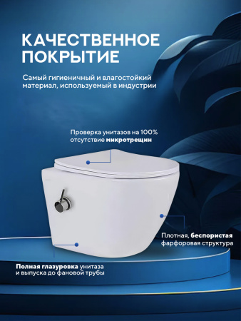 Унитаз подвесной безободковый Amore di Mare Delio Tornado Bidet P203-XT с функцией биде, овальный белый, антивсплеск, фарфор, быстросъемное сиденье дюропласт с микролифт, антибактериальное покрытие