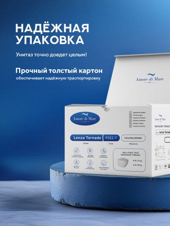 Унитаз подвесной безободковый Amore di Mare Lenza Tornado P252-T, овальный белый, антивсплеск, фарфоровый, быстросъемное сиденье дюропласт с крышкой микролифт, антибактериальное покрытие