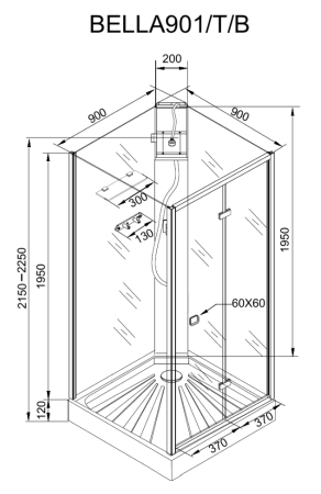 Душевая кабина Cerutti SPA BELLA901T без крыши 90x90x215-225