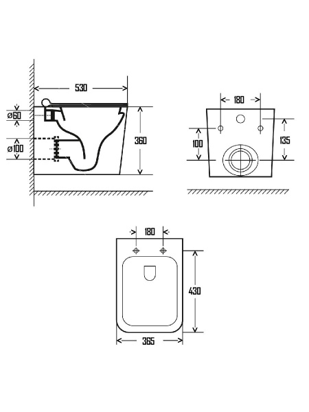AQM2003 Унитаз подвесной с сиденьем SoftClose, технология смыва Rimless, скрытый крепеж. 530x365x360