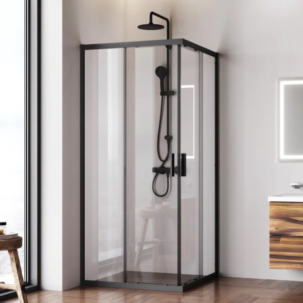 W90G-403-9090BT Gem Душевое ограждение AM.PM квадратн.,раздвиж.двери 90x90 черный мат.,стекло прозрачное