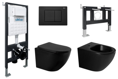 Комплект ABBER унитаз AC1100MB черный матовый с инсталляцией AC0105 и кнопкой AC0120MB, биде AC1150MB с инсталляцией AC0101P