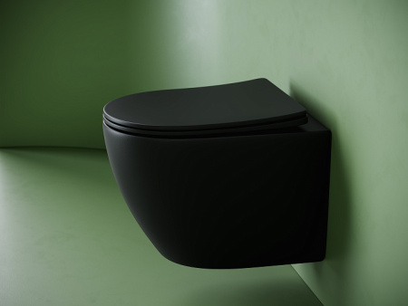 Подвесной унитаз Ceramicanova UNO безободковый, смыв Торнадо, с крепежом для полностью скрытого монтажа, ультратонким сидением с функцией быстрого снятия и крышкой с функцией плавного закрытия, цвет черный матовый CN11001TMB