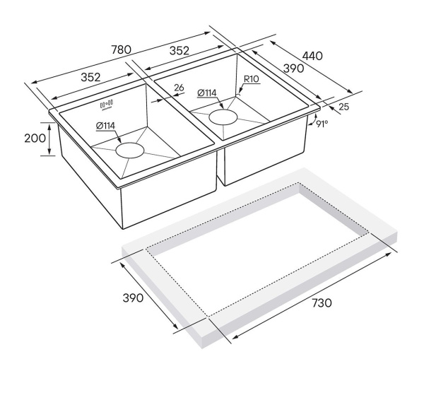 Мойка Paulmark GERBERG 78/2 UNI PM237844-BS 440х780х200 мм, нержавеющая сталь, брашированная нержавеющая сталь