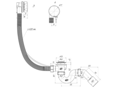 Сифон прямоточный для ванны Ани Пласт EM311 полуавтомат, перелив 580 мм, ручка управления переливом нержавеющая сталь