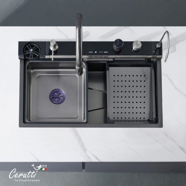 Многофункциональная мойка GLORIA Pro nano black (серая) из нержавеющей стали, кухонная (750х460х230) Ceruttispa