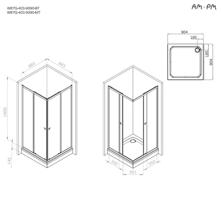 W87G-403-9090-BT Sunny Душевое ограждение AM.PM квадратное, раздвижн двери 90x90 черный,стекло прозрачное