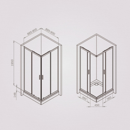 W90G-403-9090BT Gem Душевое ограждение AM.PM квадратн.,раздвиж.двери 90x90 черный мат.,стекло прозрачное