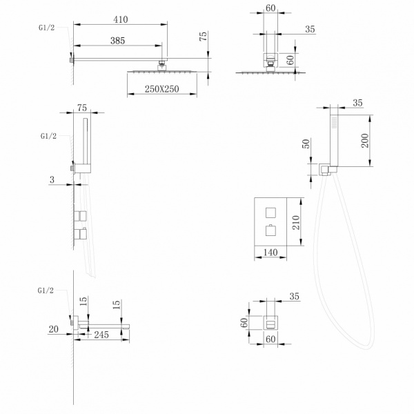 Душевая система ABBER Daheim AF8250NG скрытого монтажа с изливом, термостат, никель