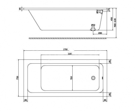 Акриловая ванна Kolo Modo XWP1170000, 170x75, с ножками, боковой слив