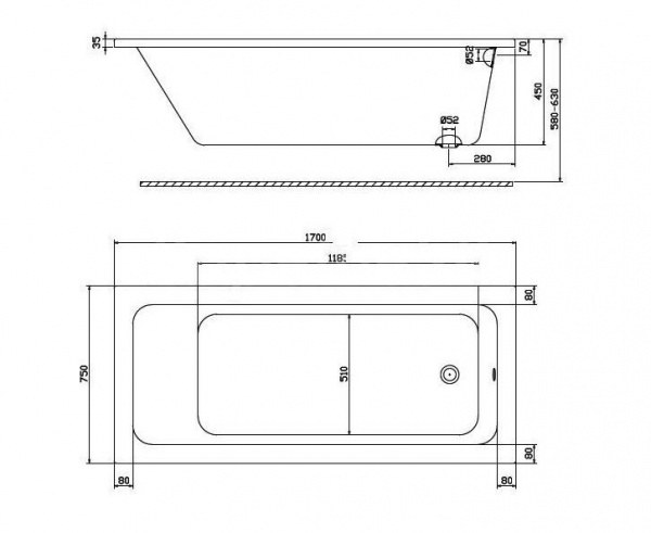 Акриловая ванна Kolo Modo XWP1170000, 170x75, с ножками, боковой слив