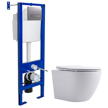 Комплект инсталляции Berges Аtom Line 410 с хром матовой кнопкой и унитаз подвесной Aquanet Rimless Cetus W Short LX-1900