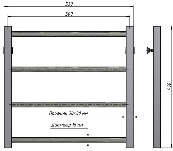 Полотенцесушитель водяной Stinox Classic 500x500, нижнее подключение, черный матовый, 1/2" ВР (внутренняя резьба), 4 перекладины