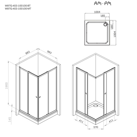 W87G-403-100100-MT Sunny Душевое ограждение AM.PM квадратное, раздвижн двери 100x100 серебро,стекло прозрачн