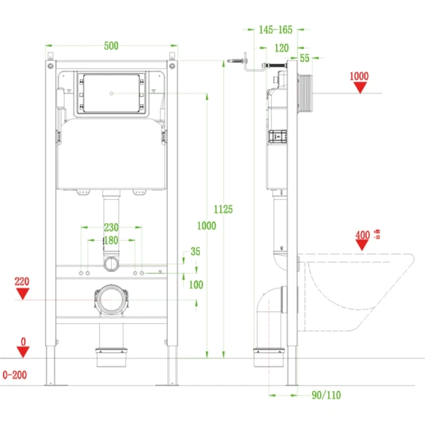 Инсталляция для унитаза VECONI FRAME600, 500x165x1125