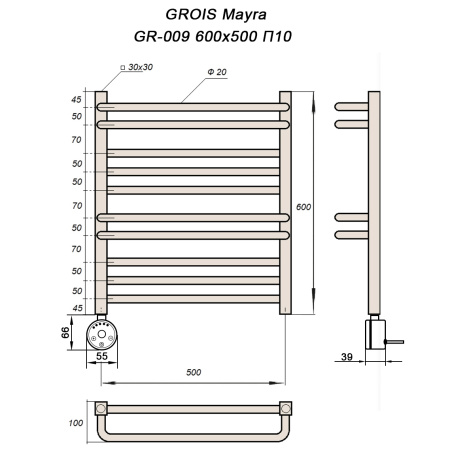 Полотенцесушитель GROIS Mayra GR-009 500х600 П10 (2+3+2+3) RAL9003 белый матовый