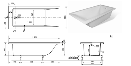 Ванна из литьевого мрамора Taliente Egoista EG2317080-1 170х80 пристенная прямоугольная