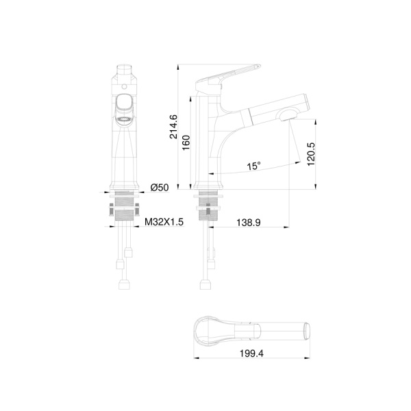 Смеситель для раковины с выдвижным изливом WONZON & WOGHAND, Хром (WW-AE4151-CR)