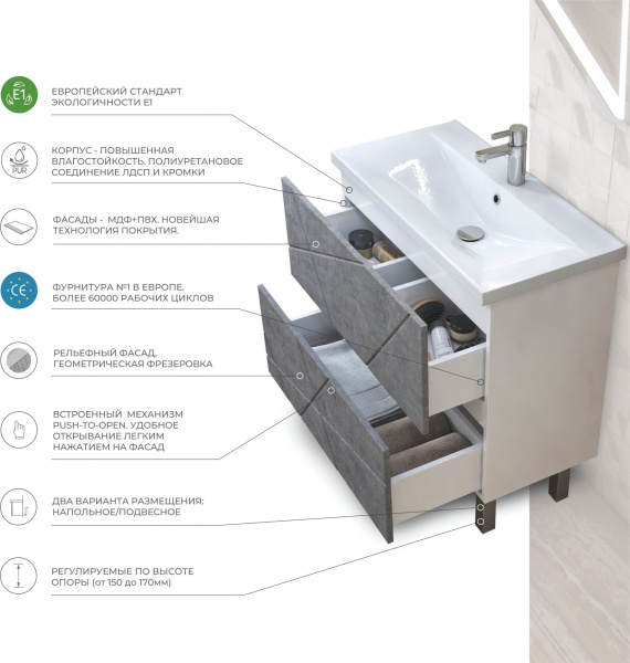 Тумба под раковину напольная VIGO Geometry tn.bsf.GEO.9696.80.2Y бетон, 80 см