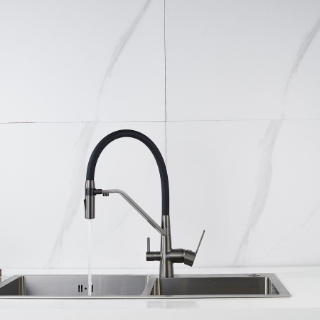 Смеситель для кухни с гибким изливом и подключением фильтра Shevanik S278T, оружейная сталь