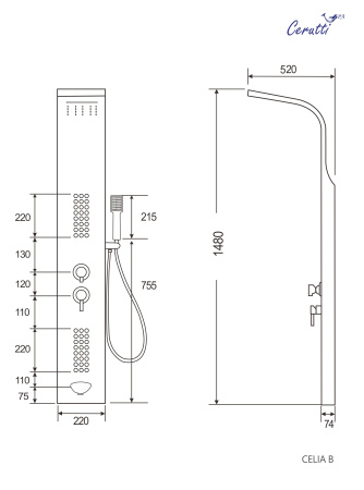 Панель CELIA RG душевая из нержавеющей стали с форсунками Ceruttispa CT10406, цвет розовое золото
