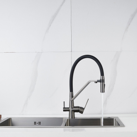 Смеситель для кухни с гибким изливом и подключением фильтра Shevanik S278T, оружейная сталь