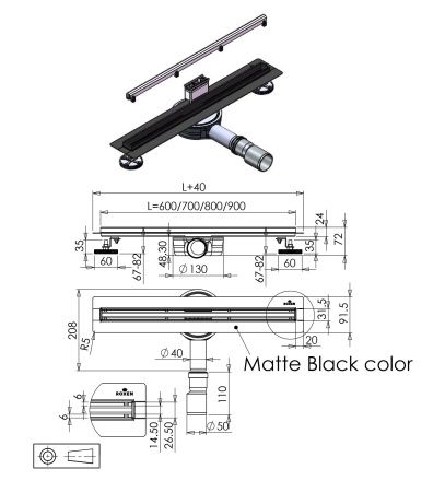 Душевой трап Roxen Black slim 91070-70 700x30x70