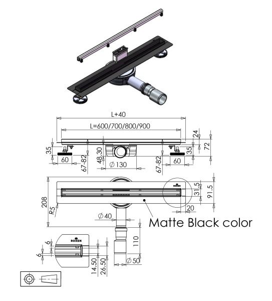 Душевой трап Roxen Black slim 91070-70 700x30x70