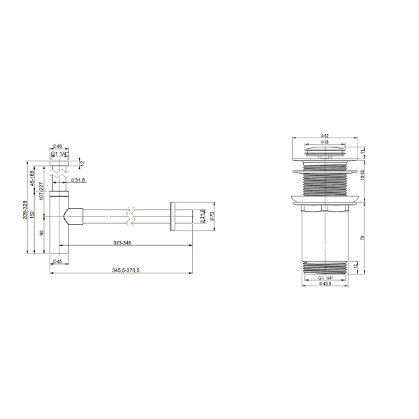 Набор 2 в 1 Wellsee Drainage System 182119002, сифон для раковины, донный клапан, хром