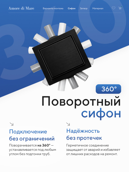 Трап для душа Amore di Mare Picco SD-15B, 150х150 мм, оборачиваемый под плитку, черный