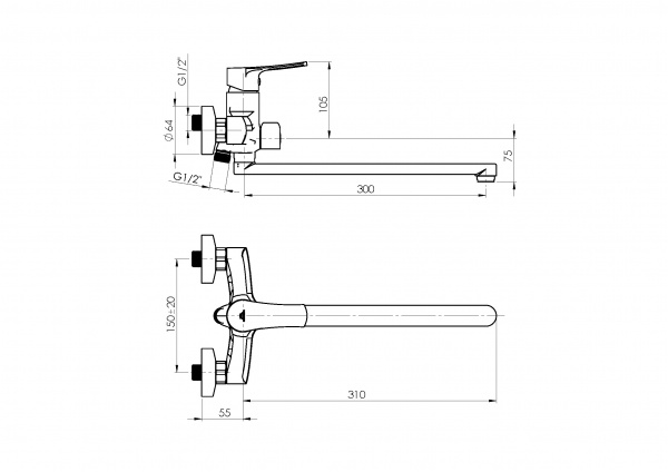 Смеситель для ванны Rubineta Nica-11/C (8) NI11CK08, настенный с лейкой