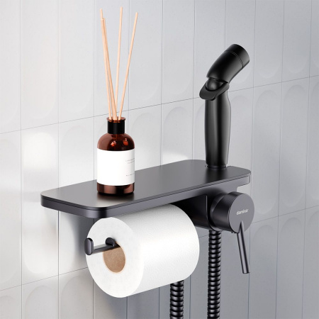 773500301 Jupiter Смеситель Damixa монтируемый в стену с гигиеническим душем и полкой, черный
